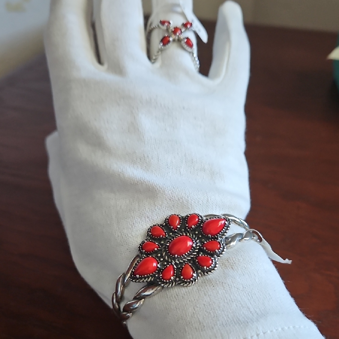 American West Red Coral Bracelet/Ring Set